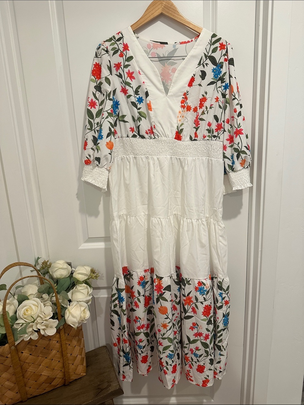 White Floral V-Neck Tiered Maxi Dress